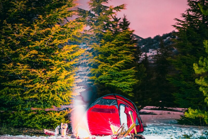 Red tent pitched among snow-covered trees at night during winter camping